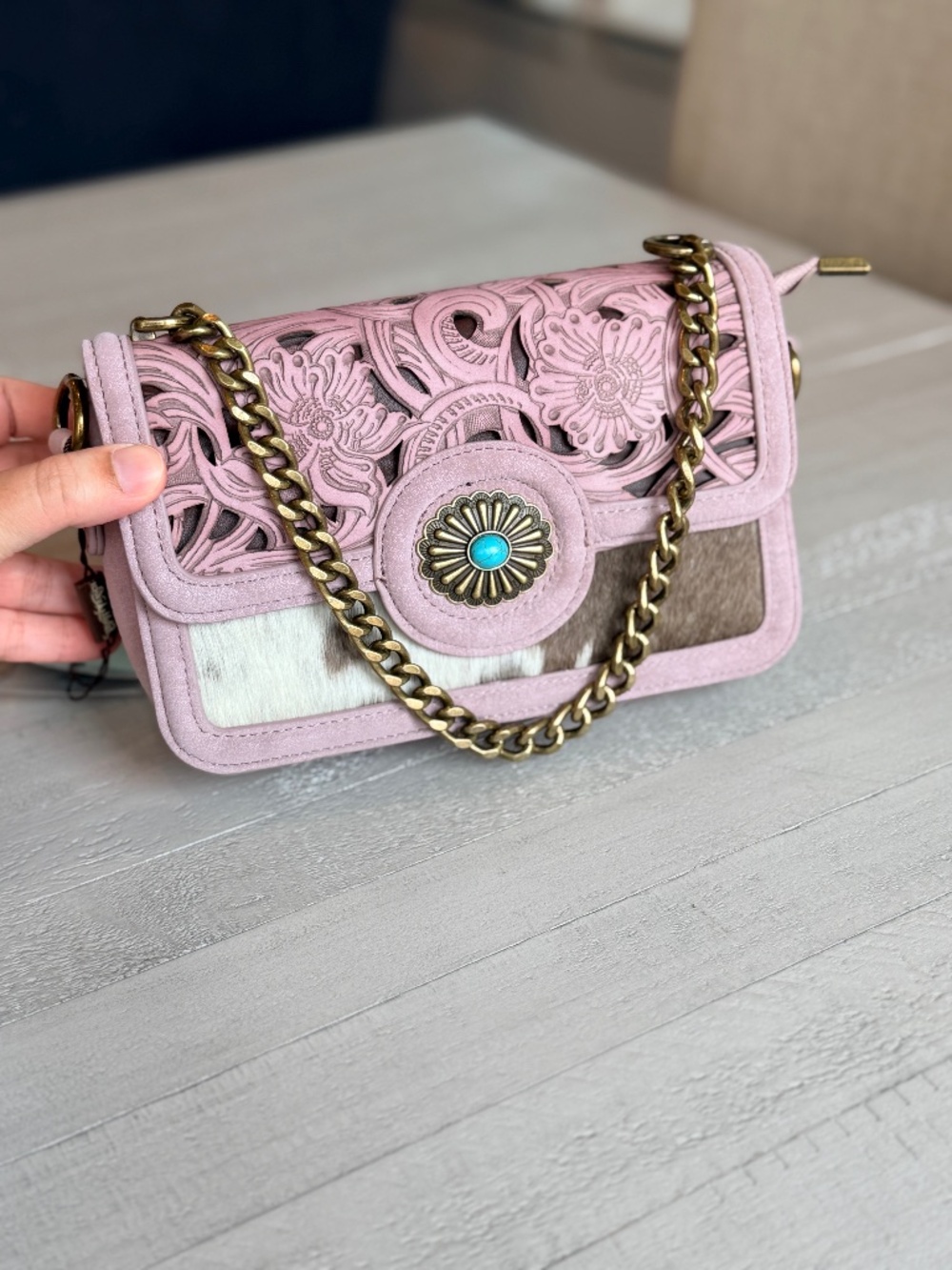 Trinity Ranch Cowhide Floral Cutout Crossbody Bag Pink